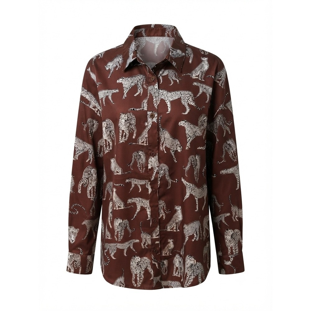 Mazik Brown Satin Tiger Print Button Blouse Size Medium